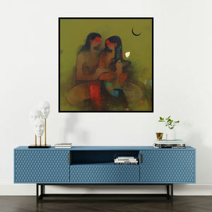 'Shiv Parvati' painting by Amol Pawar shown on a wall in a furnished room.