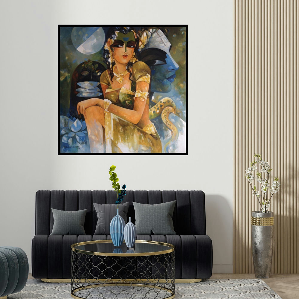 N P Rajeshwarr's 'Shiv Parvati 3 (Shiva Lingam Cosmic Energy)' painting visualized above a sofa in a contemporary room.