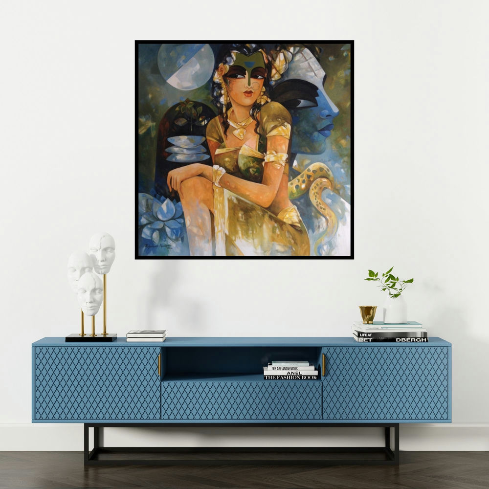 'Shiv Parvati 3 (Shiva Lingam Cosmic Energy)' painting by N P Rajeshwarr shown on a wall in a furnished room.