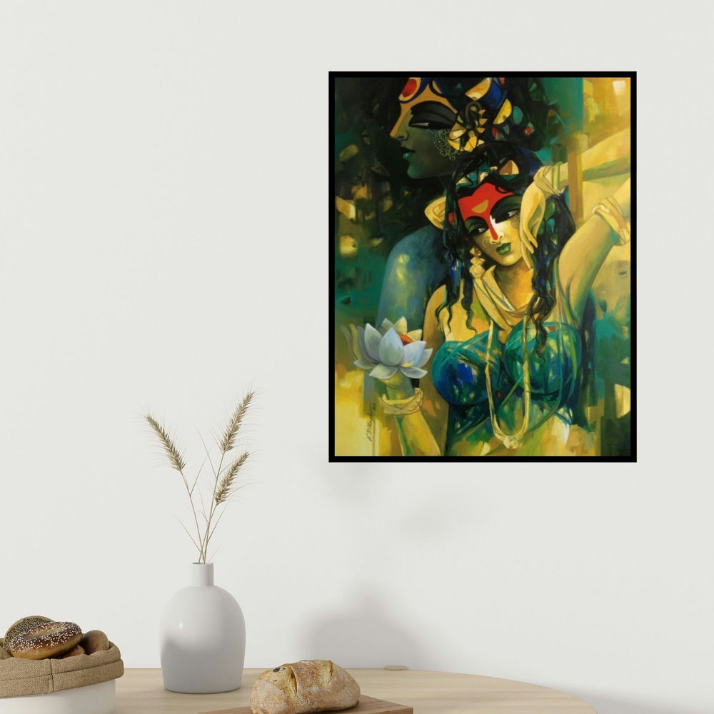 Rajeshwar Nyalapalli's 'Shiv Parvati In Rhythm Iii' painting visualized above a sofa in a contemporary room.