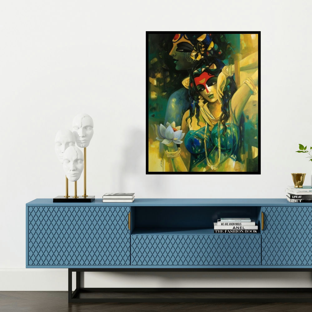 'Shiv Parvati In Rhythm Iii' painting by Rajeshwar Nyalapalli shown on a wall in a furnished room.