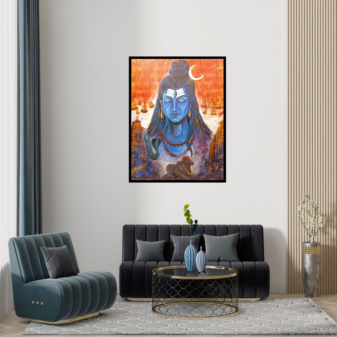 Preview of 'Shiva (Shiva's Tranquility)' Painting by Arjun Das shown on a wall in a furnished room.