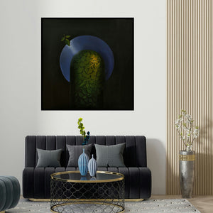 Rajib Deyashi's 'Shiva (Shivling Lunar Glow)' painting visualized above a sofa in a contemporary room.