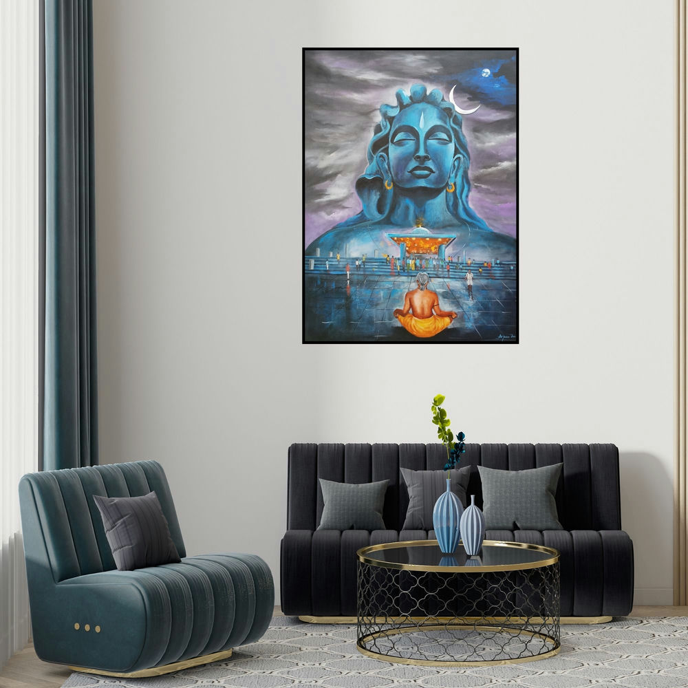 'Shiva Aadiyogi' painting by Arjun Das shown on a wall in a furnished room.
