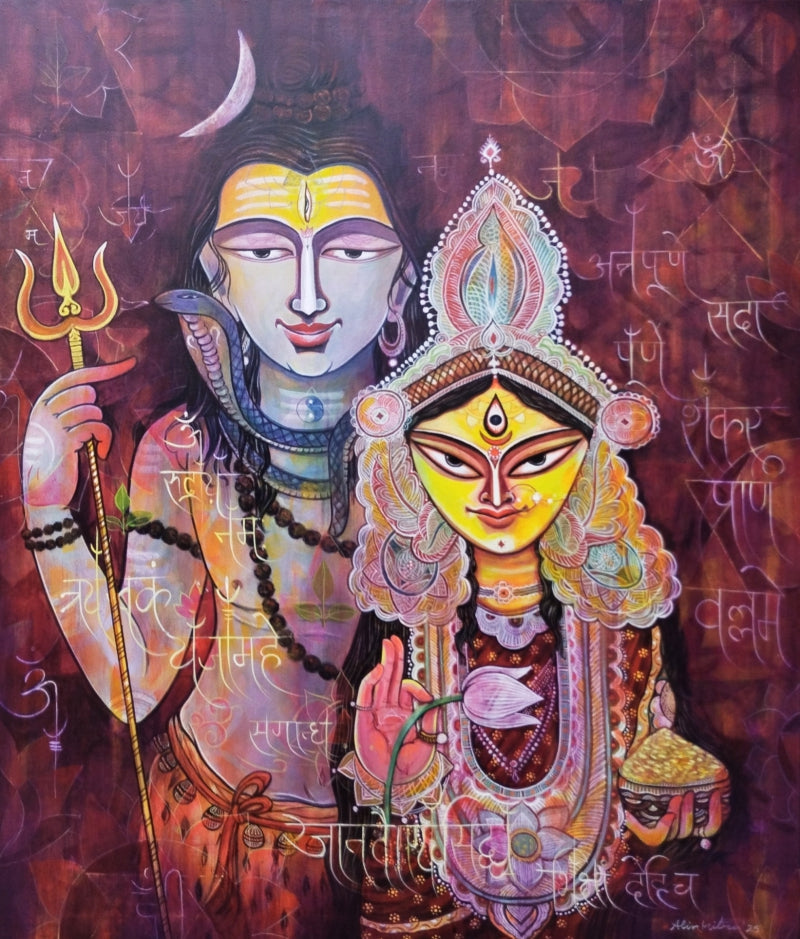 Shiva And Annapurna' religious acrylic painting by artist Atin Mitra, 36x42 inch, on canvas