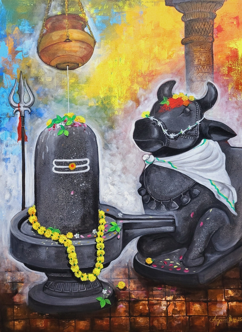Shiva And Nandi' religious acrylic painting by artist Arjun Das, 48x36 inch, on canvas