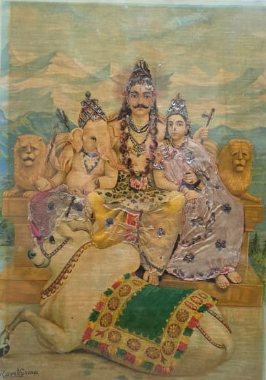 Shiva Family' religious oleograph painting by artist Raja Ravi Varma, 25x19 inch, on paper