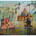 Religious acrylic painting titled 'Shiva Linga Nandi', 14x18 inches, by artist Barnali Ray on Canvas Board