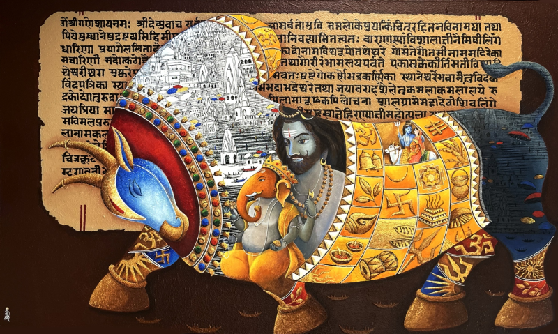 Shiva Nandi 1' religious acrylic painting by artist Chandrakant Tajbije, 36x60 inch, on canvas