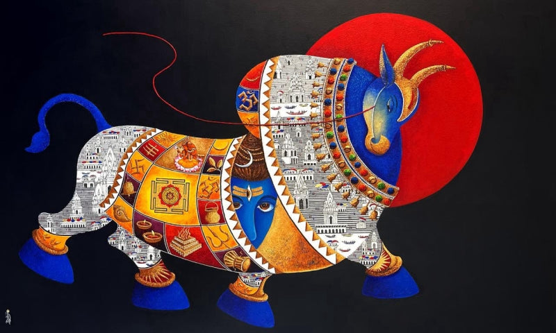 Shiva Nandi' religious acrylic painting by artist Chandrakant Tajbije, 36x60 inch, on canvas