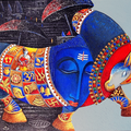 Shiva Nandi 2' religious acrylic painting by artist Chandrakant Tajbije, 36x60 inch, on canvas