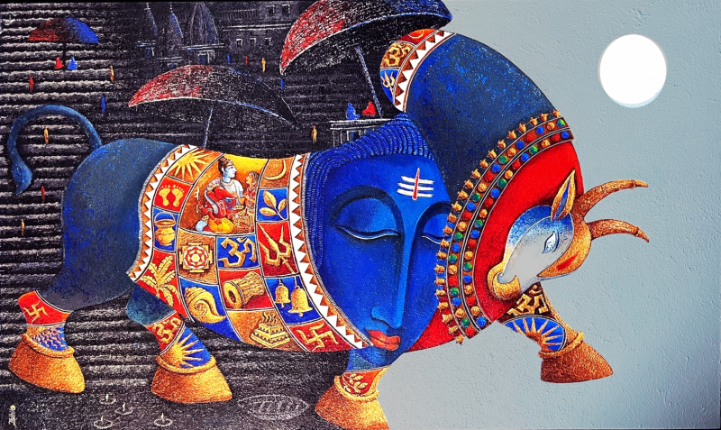 Shiva Nandi 2' religious acrylic painting by artist Chandrakant Tajbije, 36x60 inch, on canvas