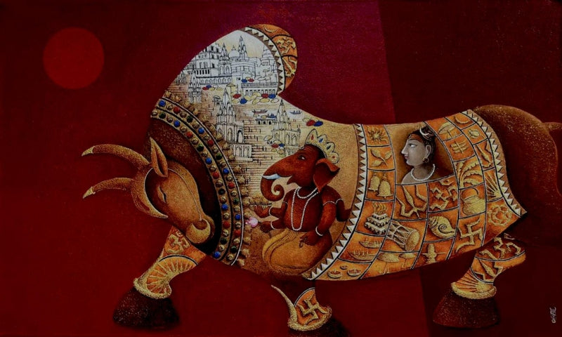 'Shiva Nandi 4' religious acrylic painting by artist Chandrakant Tajbije, 36x60 inch, on canvas