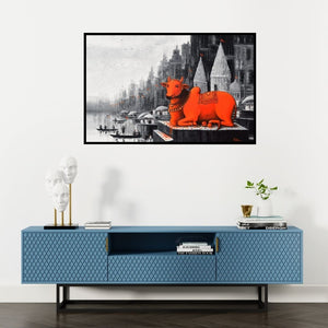 Preview of 'Shiva Nandi On Banaras Ghat 5 (Sacred Guardian)' Painting by Reba Mandal shown on a wall in a furnished room.