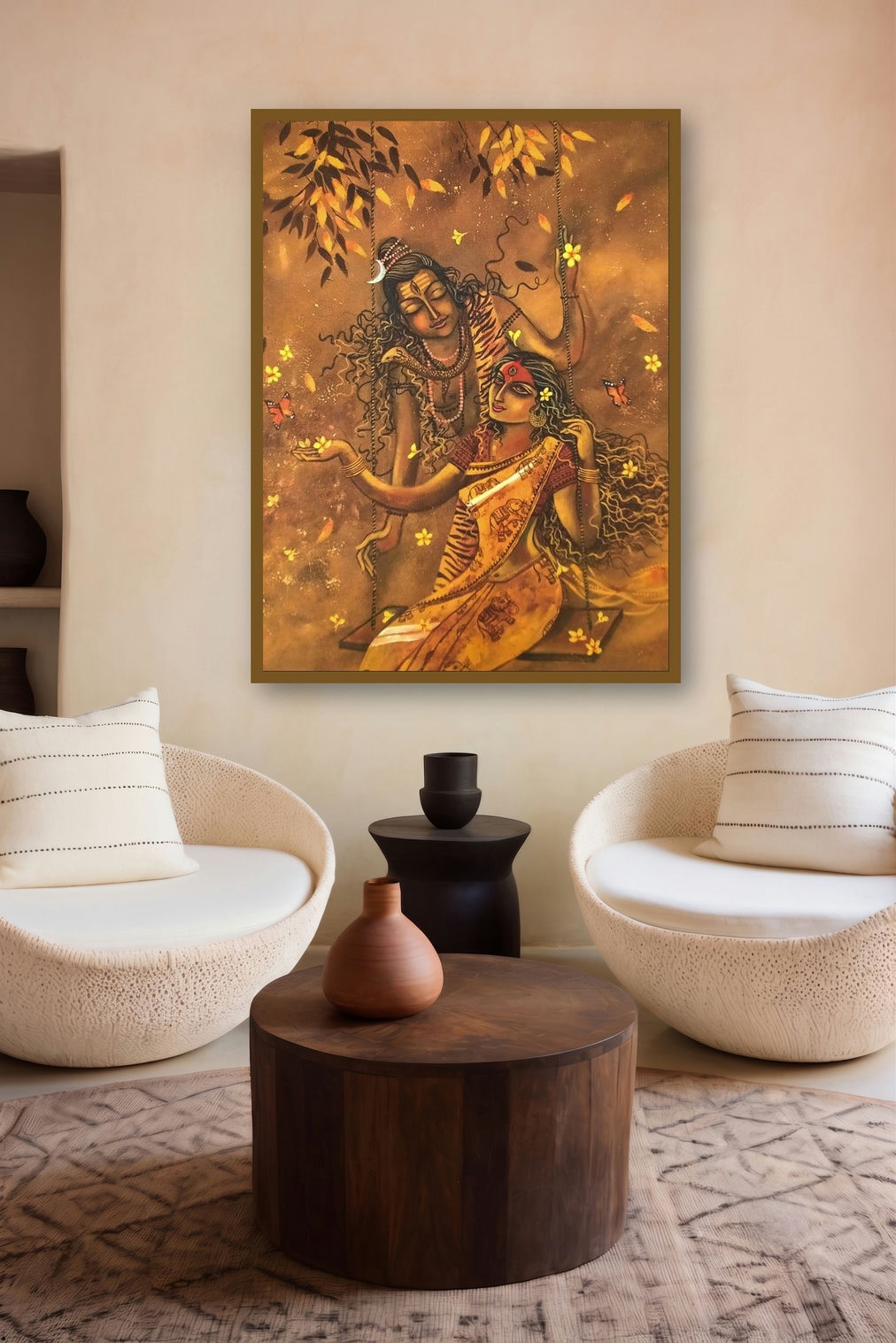 Shivasakti (Shiva and Parvati on a Swing) by artist Lisha N T displayed in a Minimalist gallery