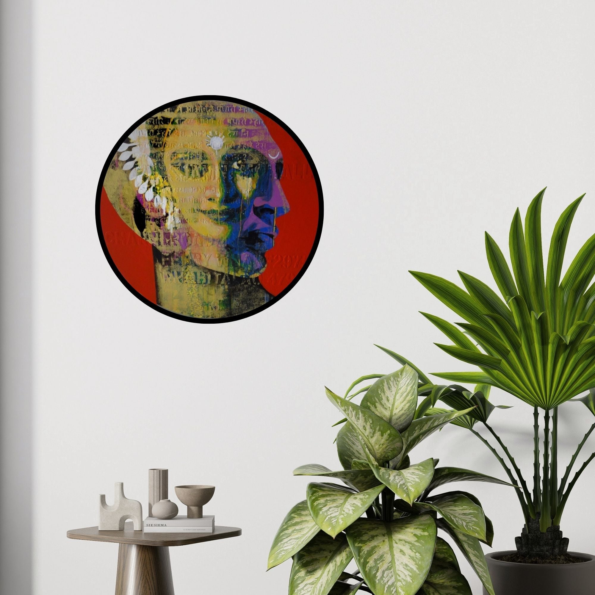 In-situ view of Nayanjeet Nikam's 'Shivay (Circular Portrait)' painting in a room