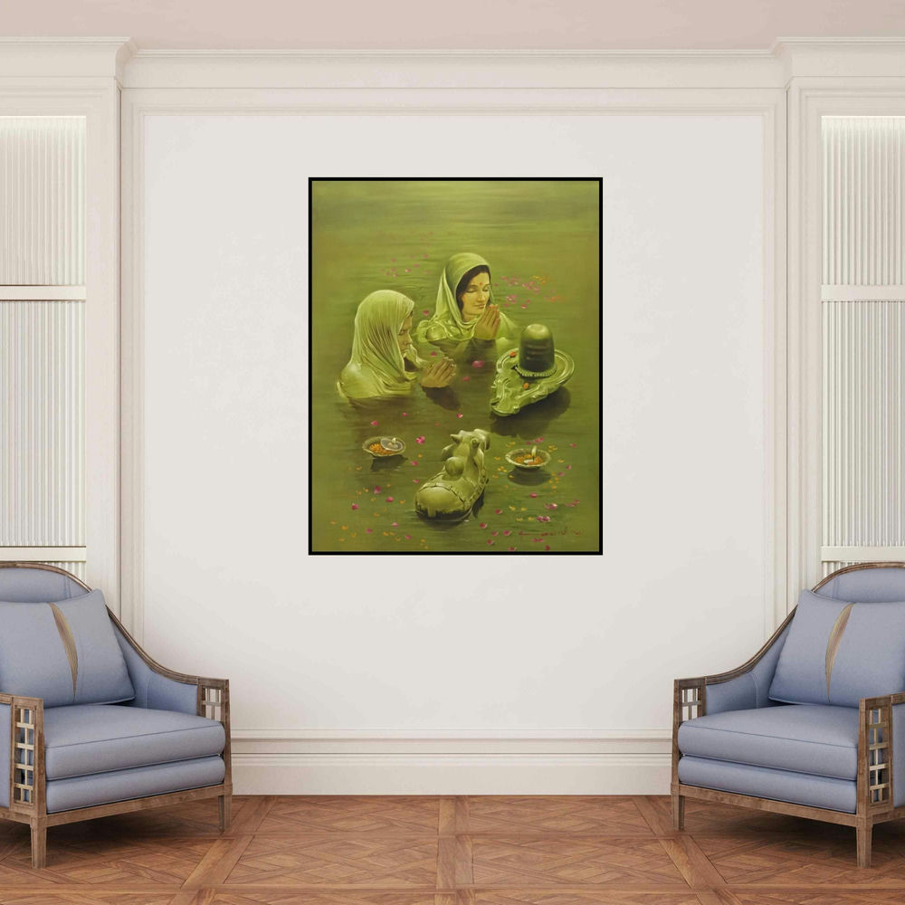 'Shivling And Nandi' painting by Kamal Rao shown on a wall in a furnished room.