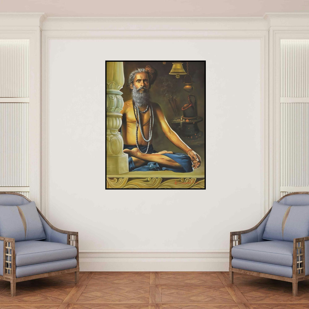 'Shivling (Ascetic Gaze)' painting by Kamal Rao shown on a wall in a furnished room.