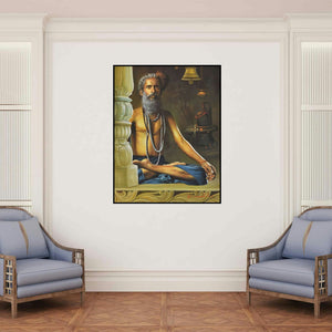 'Shivling (Ascetic Gaze)' painting by Kamal Rao shown on a wall in a furnished room.