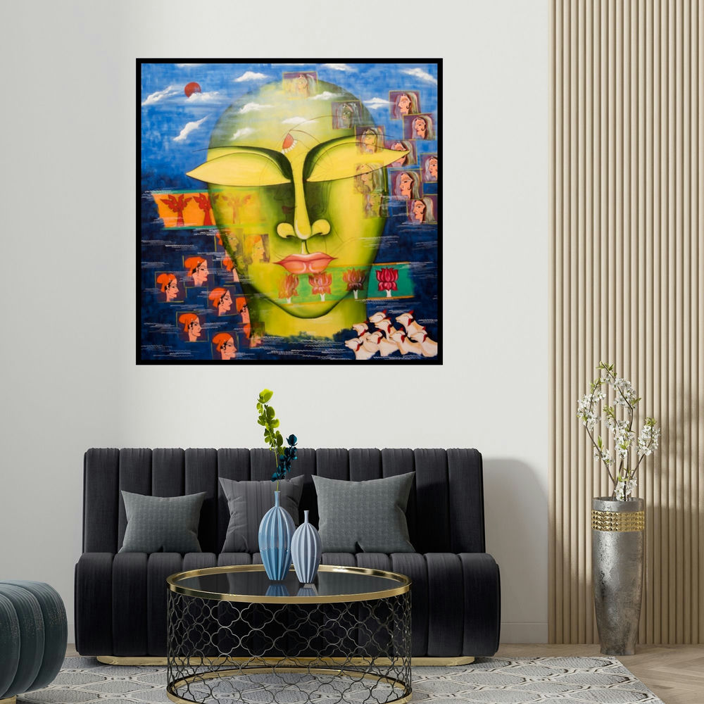 Deepali Mundra's 'Shivohum 4' painting visualized above a sofa in a contemporary room.