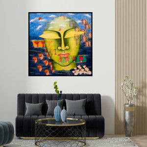 Deepali Mundra's 'Shivohum 4' painting visualized above a sofa in a contemporary room.