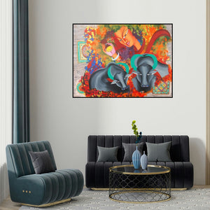 'Shivohum 5 (The Divine Connection)' painting by Deepali Mundra shown on a wall in a furnished room.