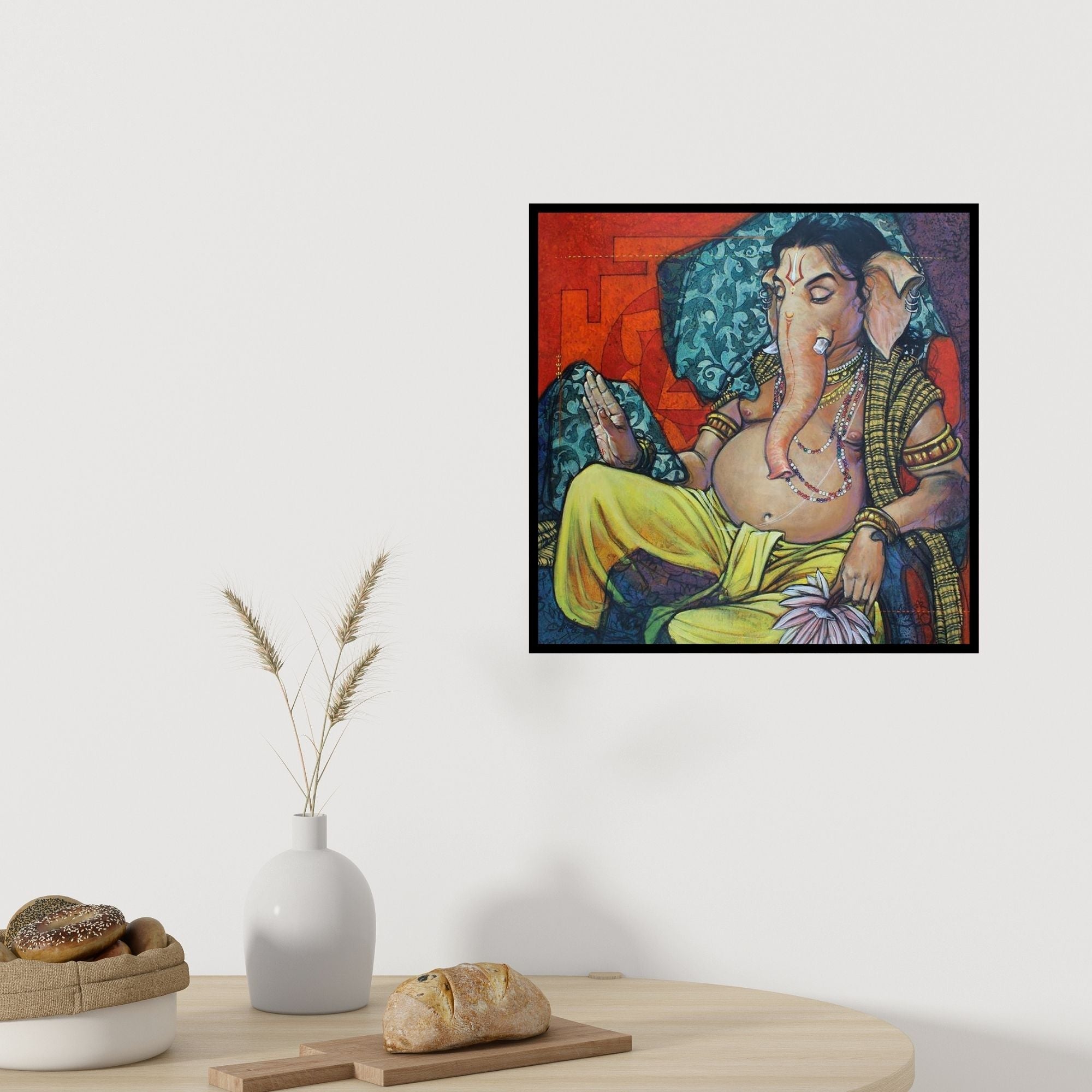 Preview of 'Shree Ganesh (Wisdom)' Painting by Ramchandra Kharatmal shown on a wall in a furnished room.