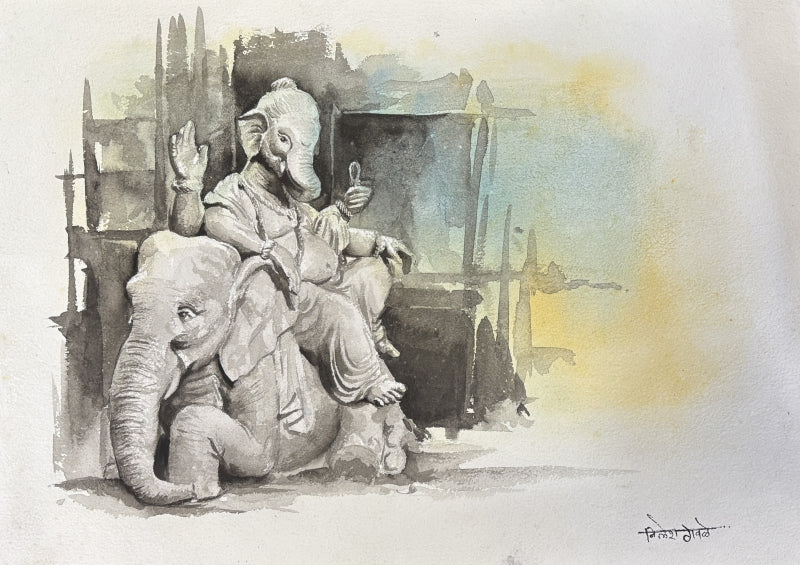 Shree Ganesh' religious watercolor painting by artist Nilesh Gavale, 9x13 inch, on paper