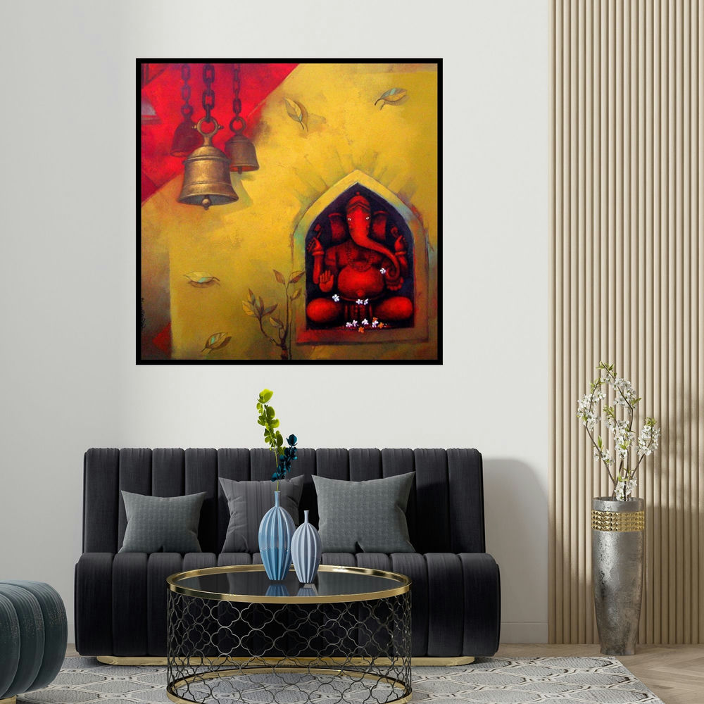 Sachin Akalekar's 'Shree Ganesh' painting visualized above a sofa in a contemporary room.