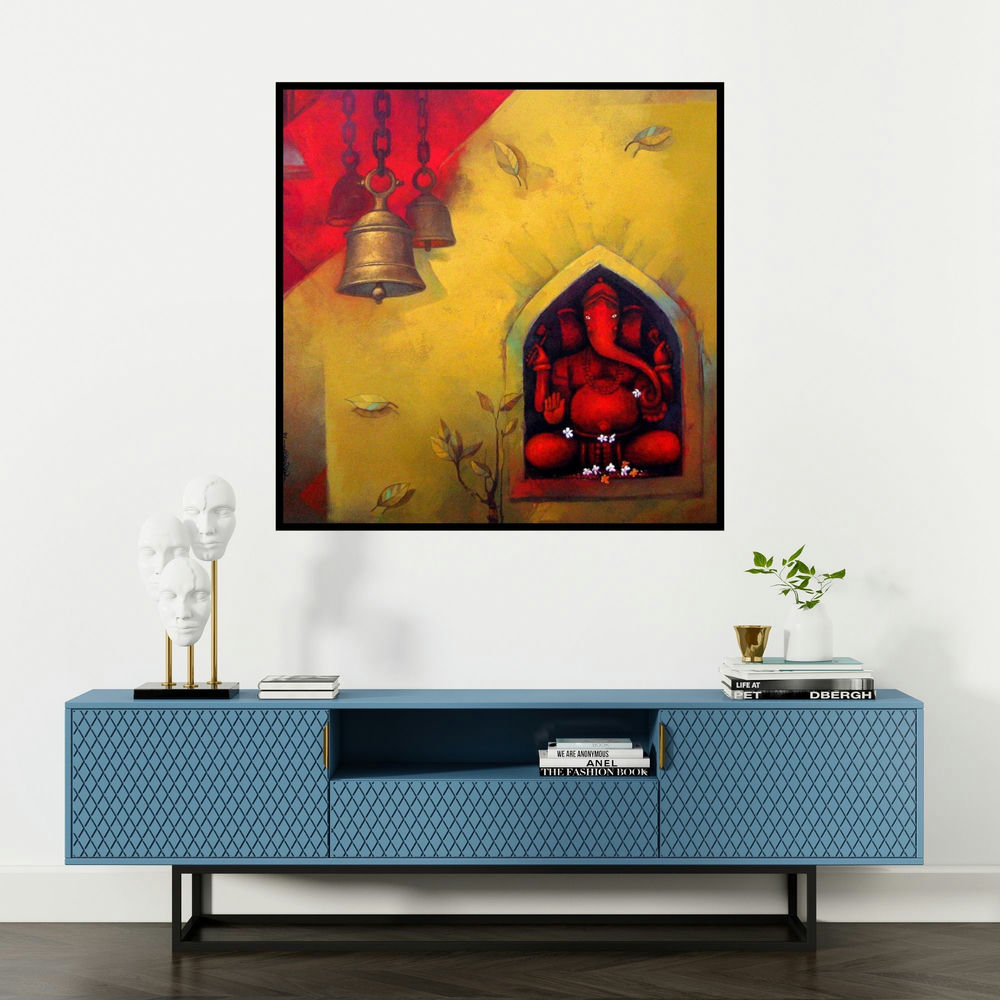 'Shree Ganesh' painting by Sachin Akalekar shown on a wall in a furnished room.