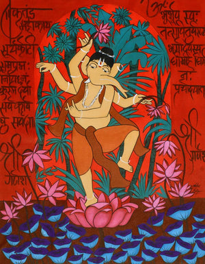 Shree Ganesha (Ganesha's Dance of Bliss) by Chetan Katigar, Original Acrylic Religious Painting on Canvas, Large Vertical Wall Art