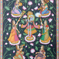 Religious pichwai traditional art titled 'Shree Krishna Lotus', 48x36 inches, by artist Surkhi Arts on Cloth