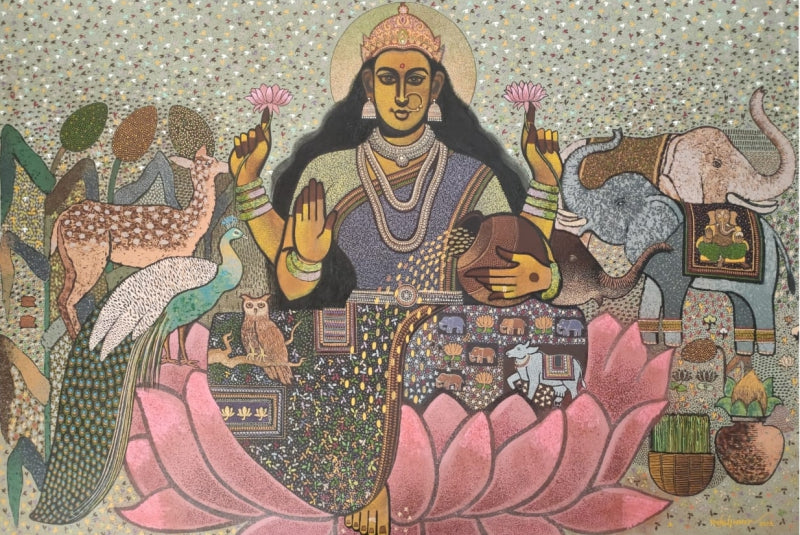 'Shree Mahalaxmi' religious acrylic painting by artist Rahul Pawar, 48x72 inch, on canvas
