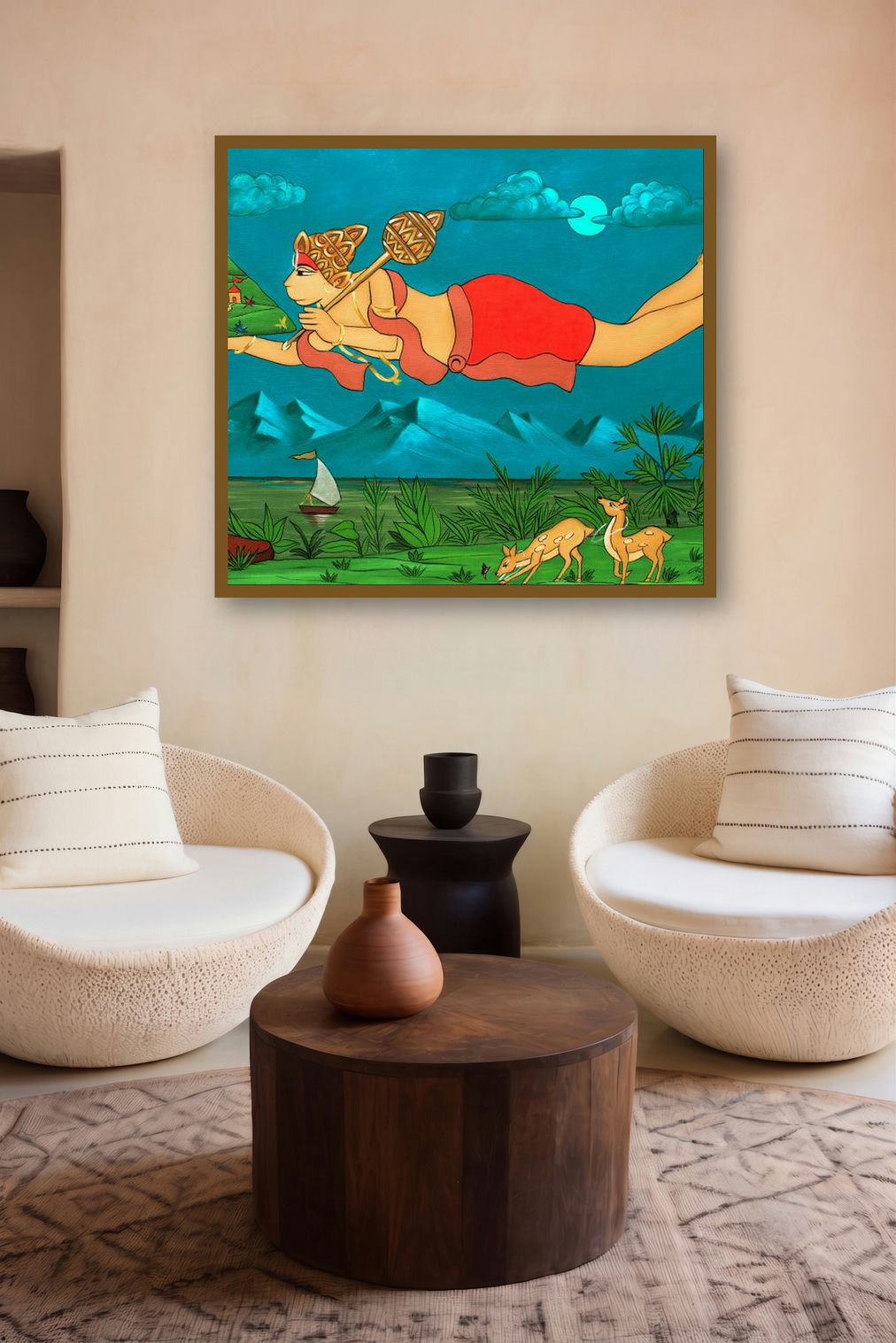 Shri Hanuman (Hanuman's Heroic Feat) by artist Chetan Katigar displayed in a Luxury gallery