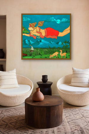 Shri Hanuman (Hanuman's Heroic Feat) by artist Chetan Katigar displayed in a Luxury gallery