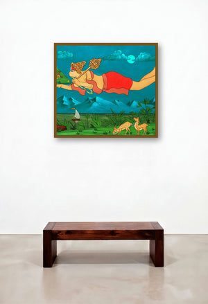 Shri Hanuman (Hanuman's Heroic Feat) by artist Chetan Katigar displayed in a Mid-Century Modern Bedroom