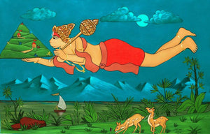 Shri Hanuman (Hanuman's Heroic Feat) by Chetan Katigar, Original Acrylic Religious Painting on Canvas, Large Horizontal Wall Art