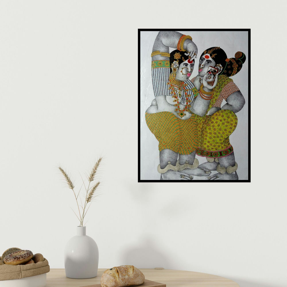 Bhawandla Narahari's 'Shringar 1 (Modern Connection)' painting visualized above a sofa in a contemporary room.