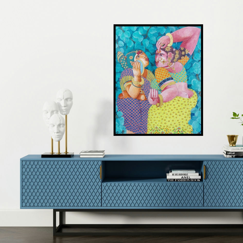 'Shringar 2 (Adornment)' painting by Bhawandla Narahari shown on a wall in a furnished room.
