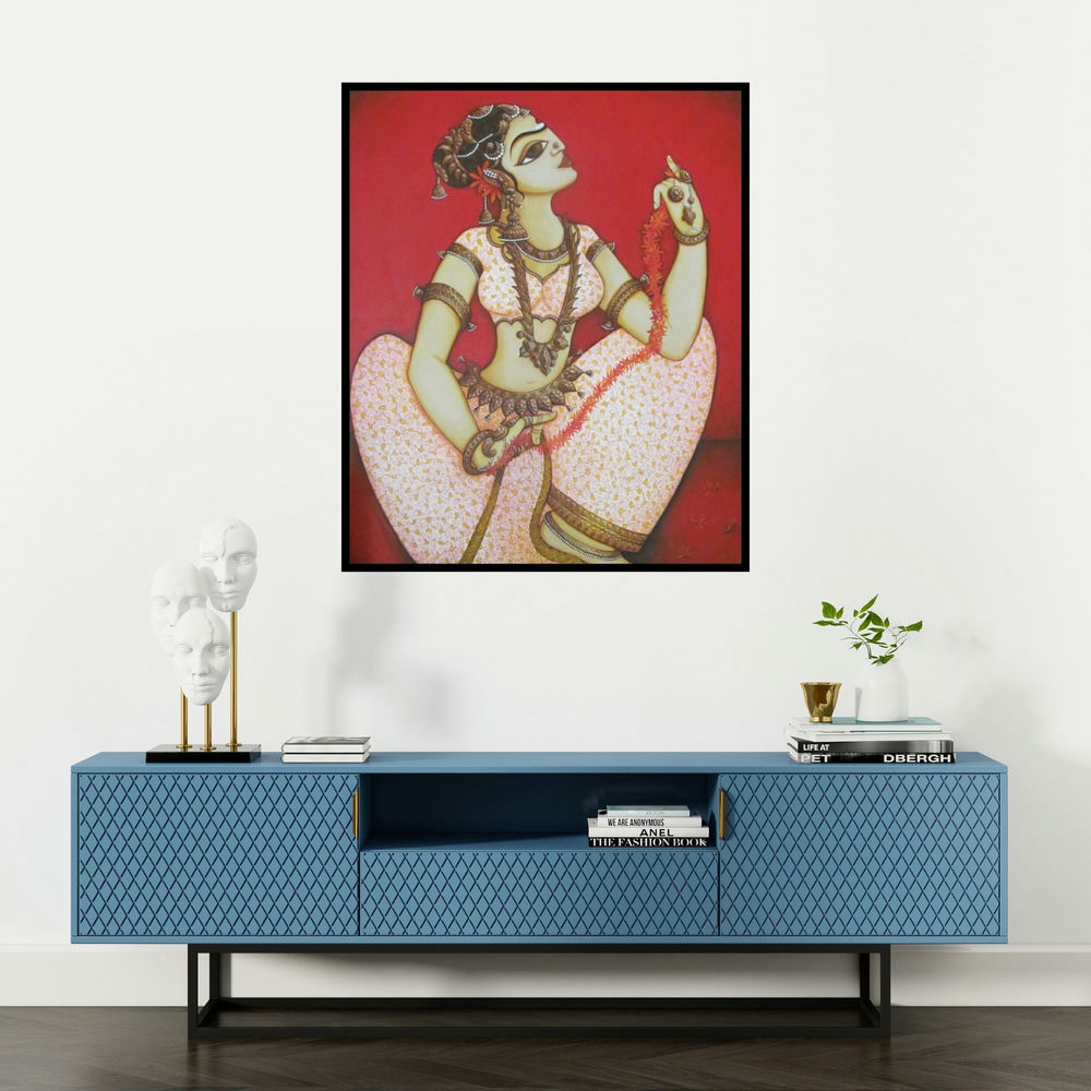 Rahul Phulkar's 'Shringar (Garlands Grace)' painting visualized above a sofa in a contemporary room.