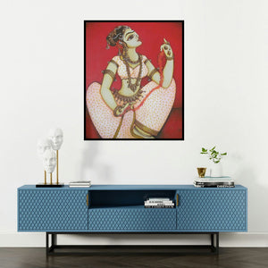 Rahul Phulkar's 'Shringar (Garlands Grace)' painting visualized above a sofa in a contemporary room.