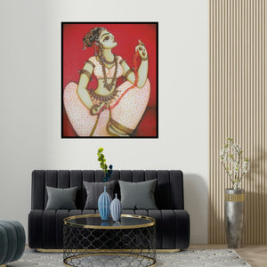 'Shringar (Garlands Grace)' painting by Rahul Phulkar shown on a wall in a furnished room.