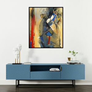 Vishal Phasale's 'Shringar' painting visualized above a sofa in a contemporary room.