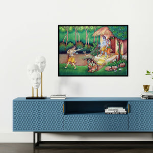 Preview of 'Shurpnakha (Ram's Confrontation with Ravana)' Painting by Anand Sonar shown on a wall in a furnished room.