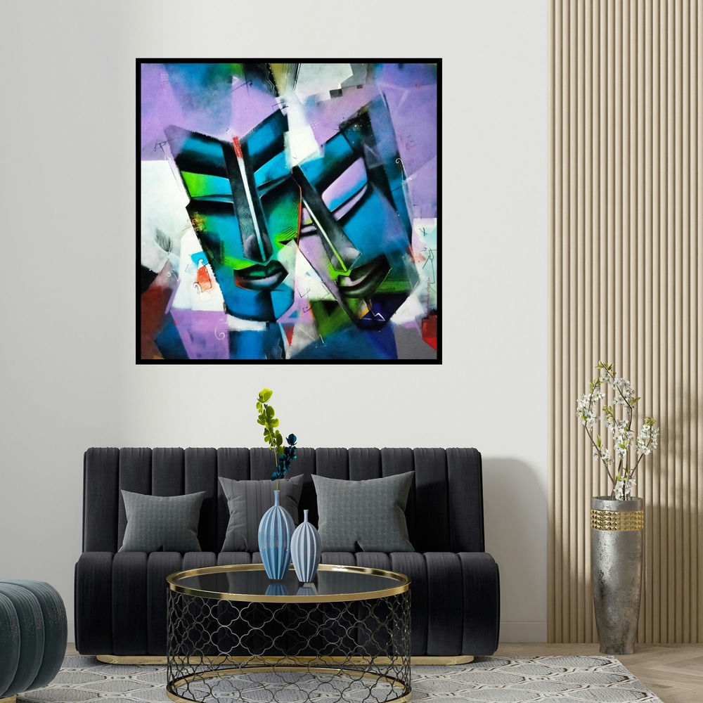 Samir Chanda's 'Shy (Dualities)' painting visualized above a sofa in a contemporary room.
