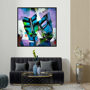 Samir Chanda's 'Shy (Dualities)' painting visualized above a sofa in a contemporary room.