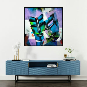 'Shy (Dualities)' painting by Samir Chanda shown on a wall in a furnished room.