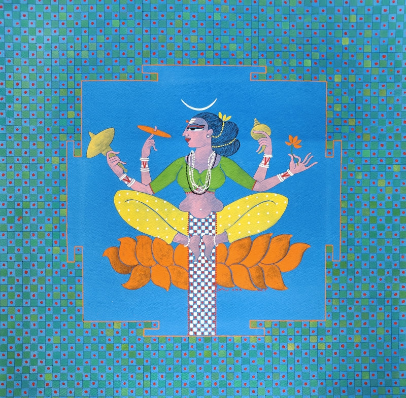 Siddhidatri' religious mixed-media painting by artist Yojana Dehankar, 22x22 inch, on paper