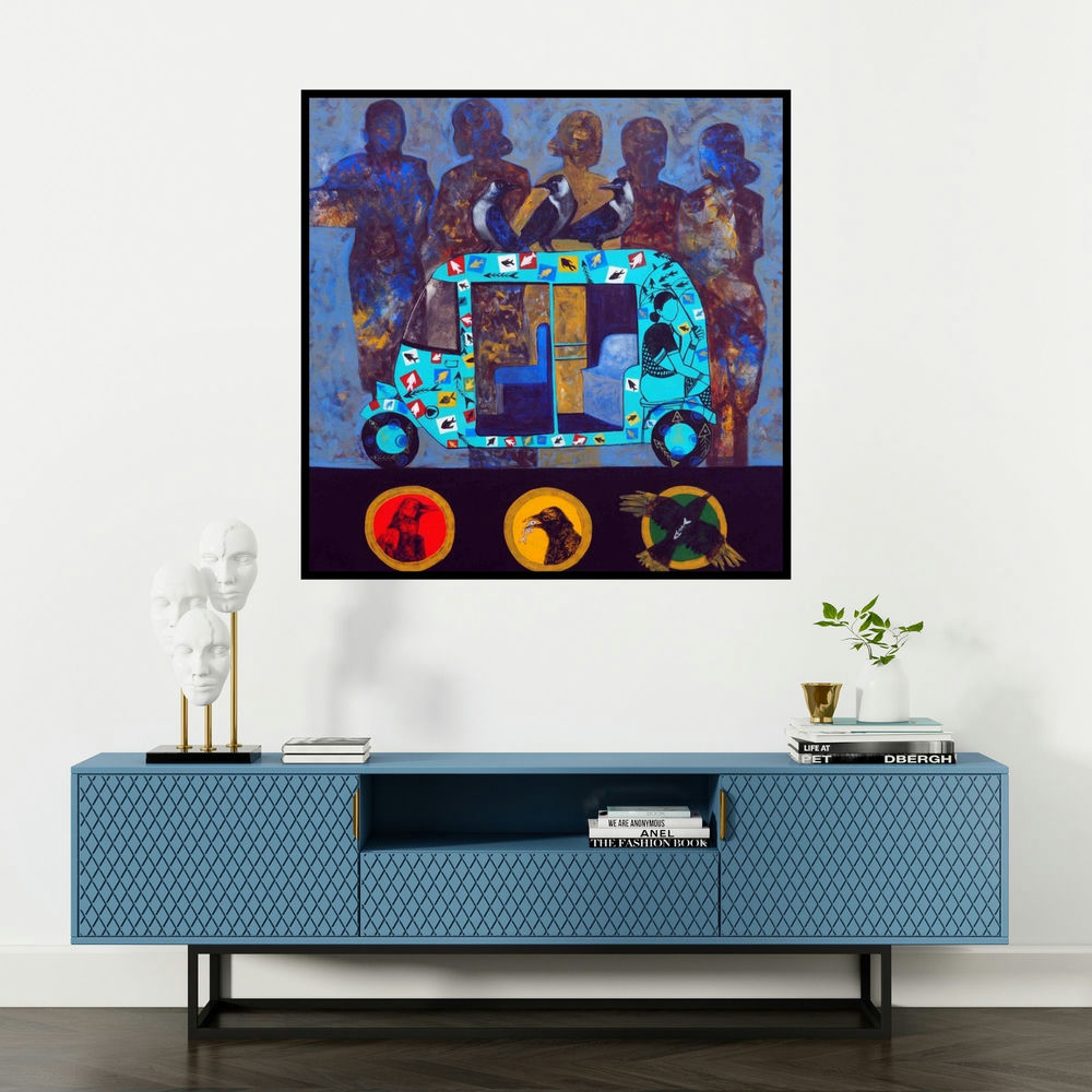 'Signal' painting by Harshada Kolapkar shown on a wall in a furnished room.