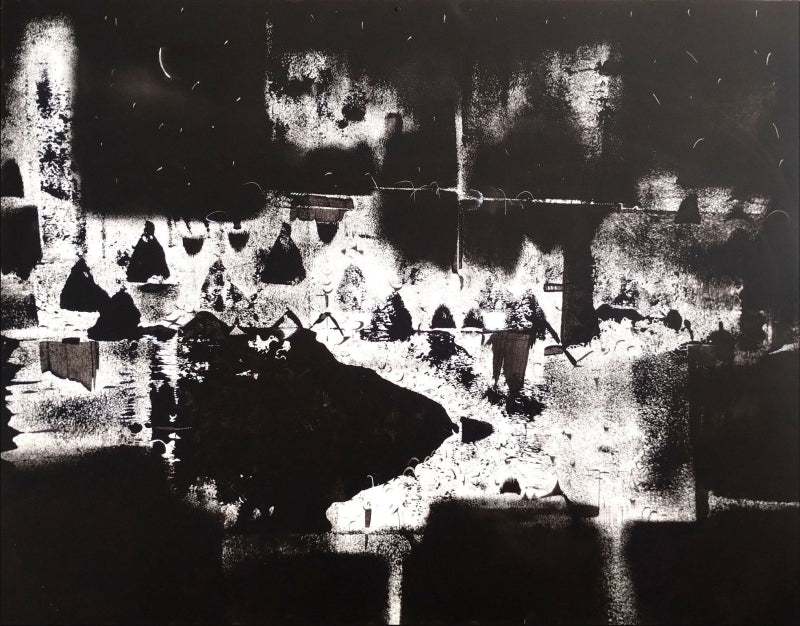 The Silence Between Shadows' abstract acrylic-ink painting by artist Hemant Dhane, 22x28 inch, on italian mount paper